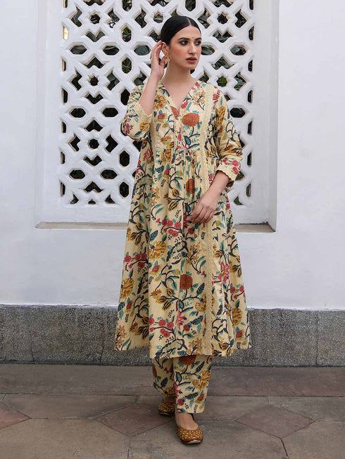Beige Cotton Floral Gathered Kurta Set